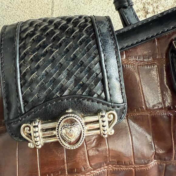 M.C. Croc Embossed Shoulder Bag Woven Flap Heart Charm Black Brown Satchel Purse - Picture 4 of 14